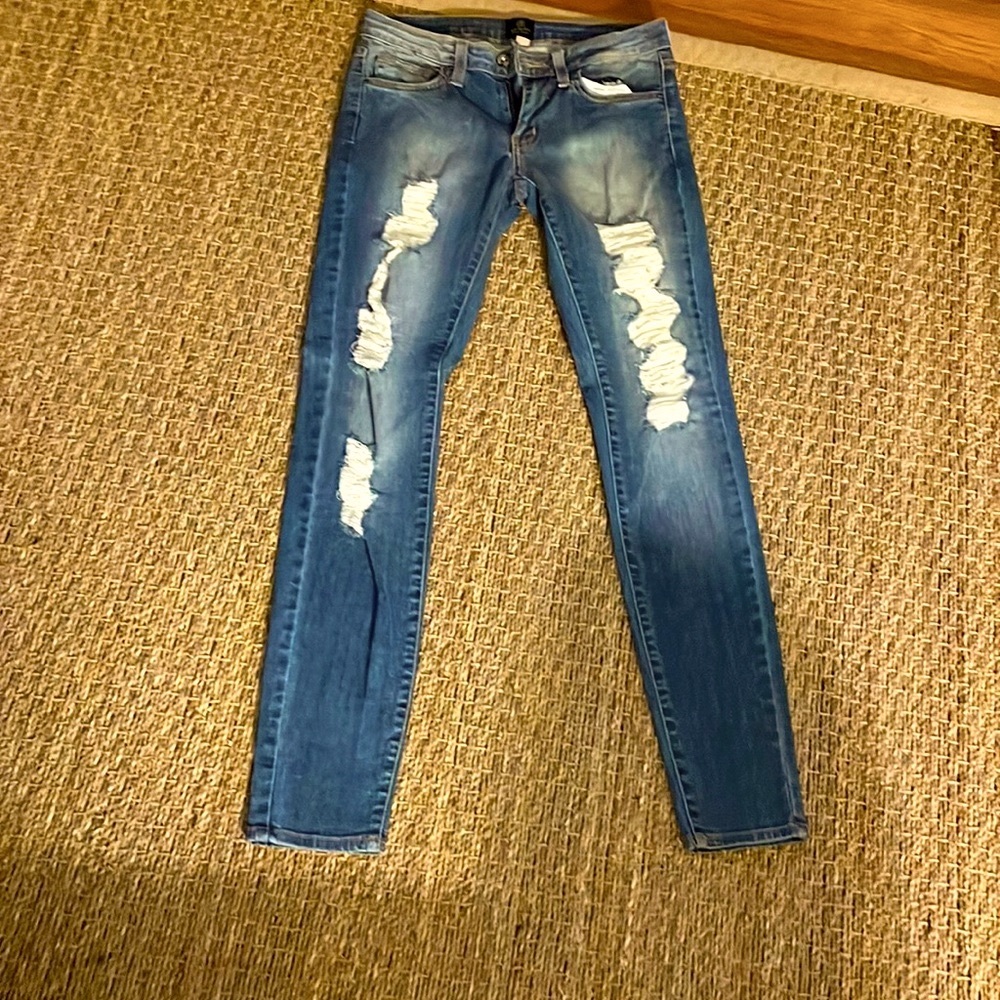 Straight leg distressed denim